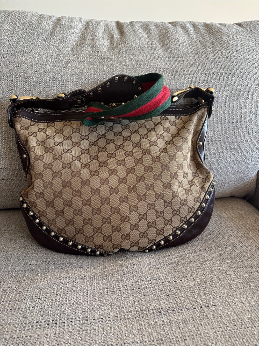 Gucci Beige GG Canvas Shoulder Bag with Brown Leather and Green-Red Web Strap